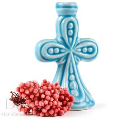 Ceramic Candle holder "Large cross" light blue