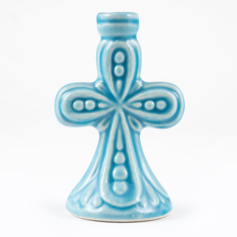 Ceramic Candle holder "Large cross" light blue