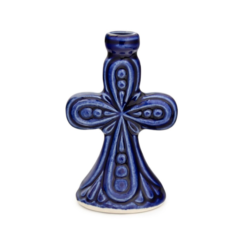 Ceramic Candle holder "Large cross" blue