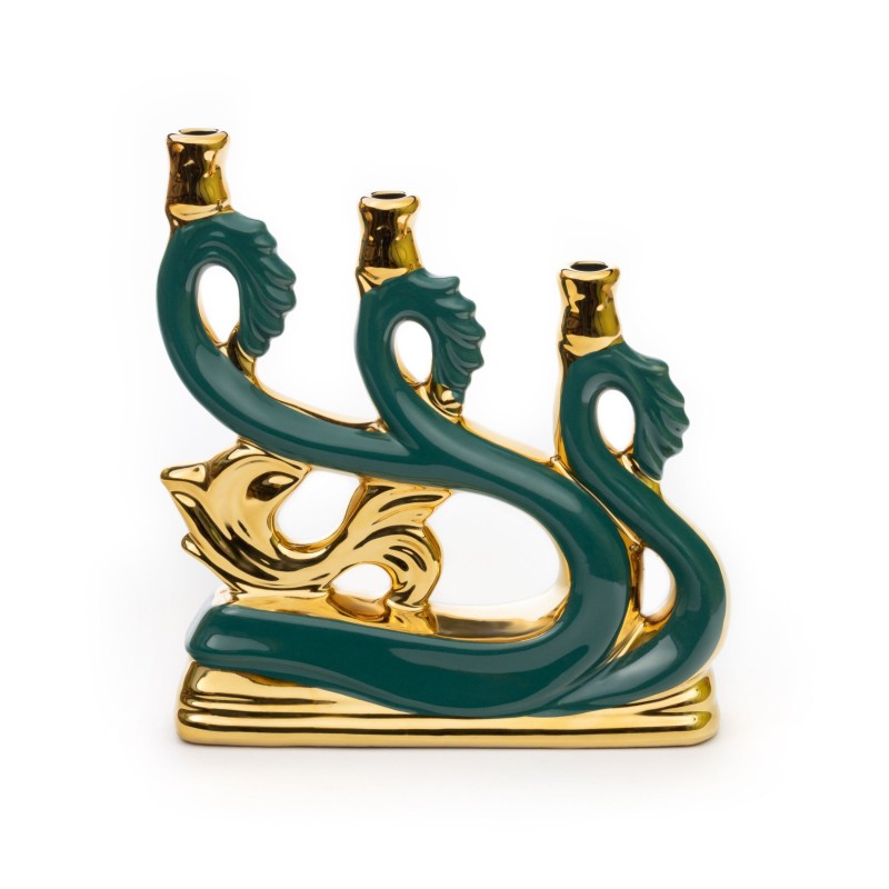 Ceramic Candle holder for three candles "Wave" green
