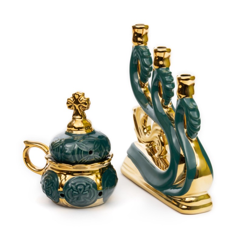 Ceramic Candle holder for three candles "Wave" green