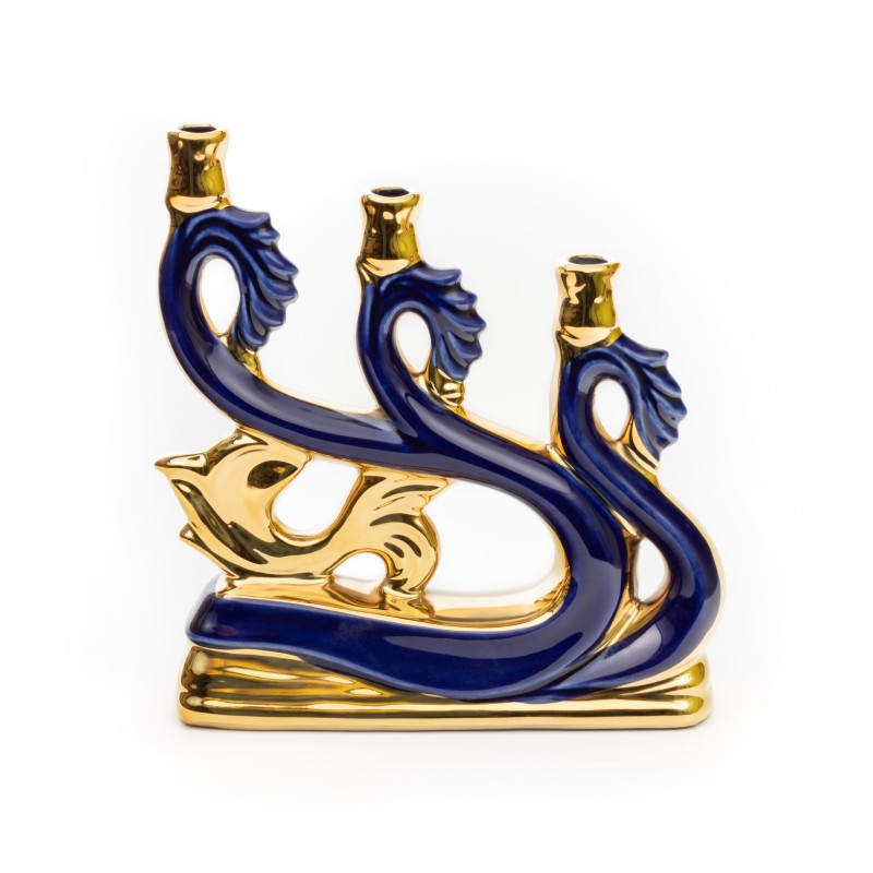 Ceramic Candle holder for three candles "Wave" blue