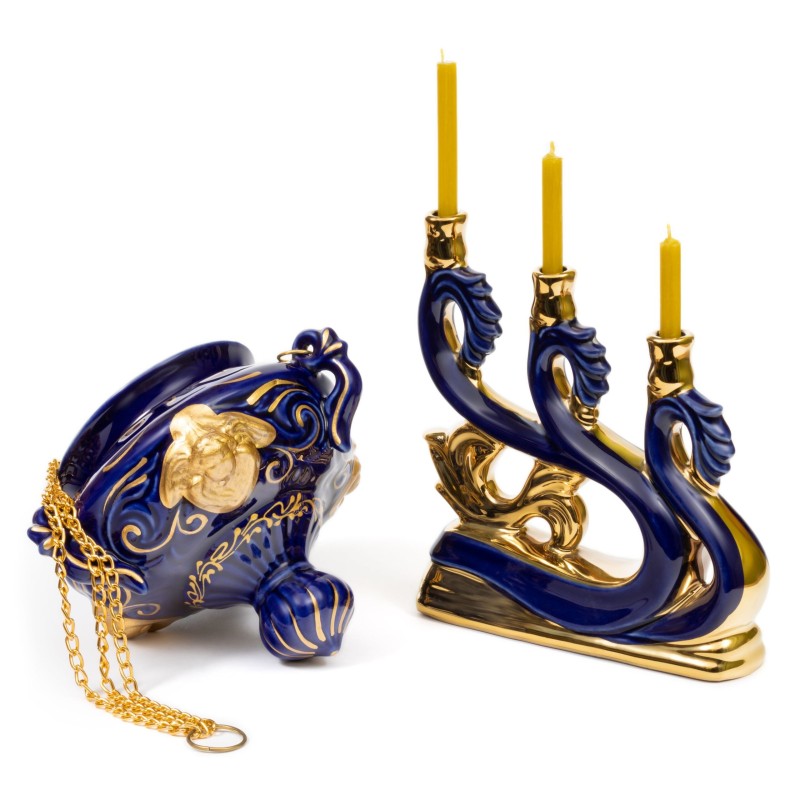 Ceramic Candle holder for three candles "Wave" blue