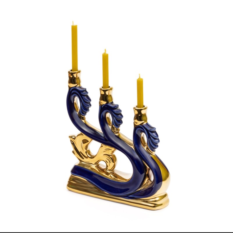 Ceramic Candle holder for three candles "Wave" blue