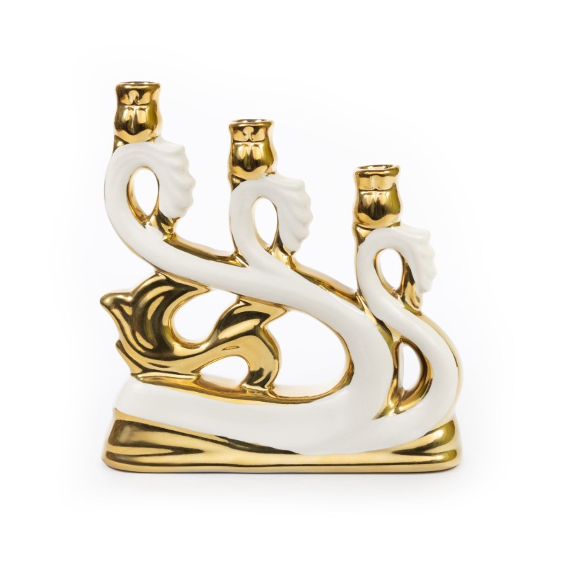 Ceramic Candle holder for three candles "Wave" with gold, white