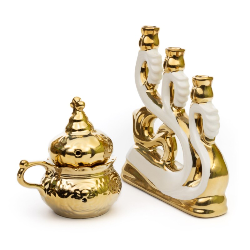 Ceramic Candle holder for three candles "Wave" with gold, white