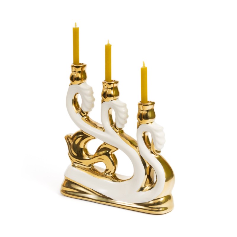 Ceramic Candle holder for three candles "Wave" with gold, white