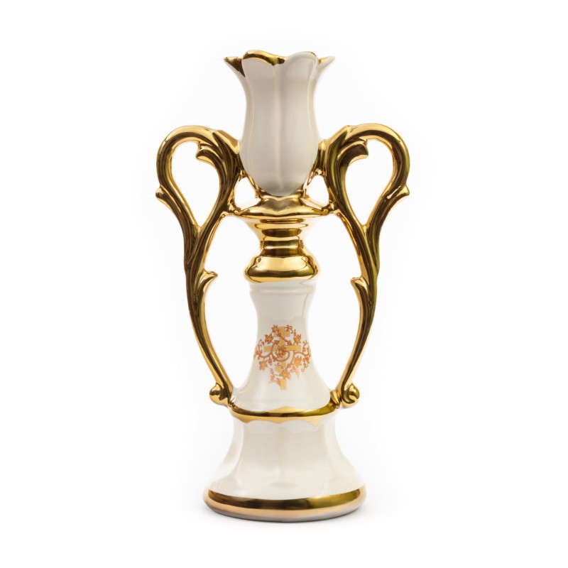 Ceramic Candle holder with 2 handles "Lotus" white with gold