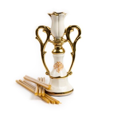 Ceramic Candle holder with 2 handles "Lotus" white with gold