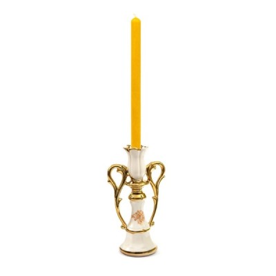 Ceramic Candle holder with 2 handles "Lotus" white with gold