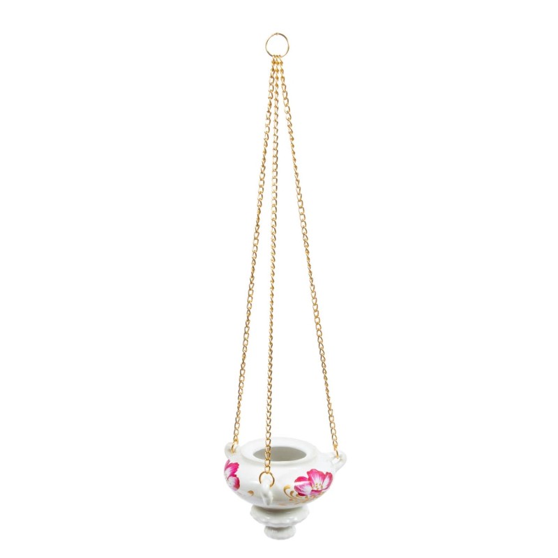 Ceramic hanging Oil lamp on a chain, pink flower