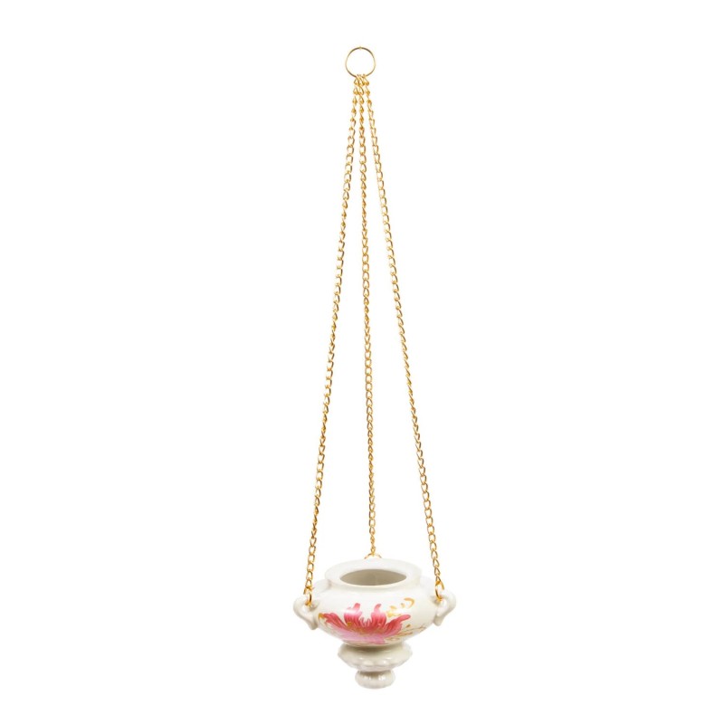 Ceramic hanging Oil lamp on a chain, red flower