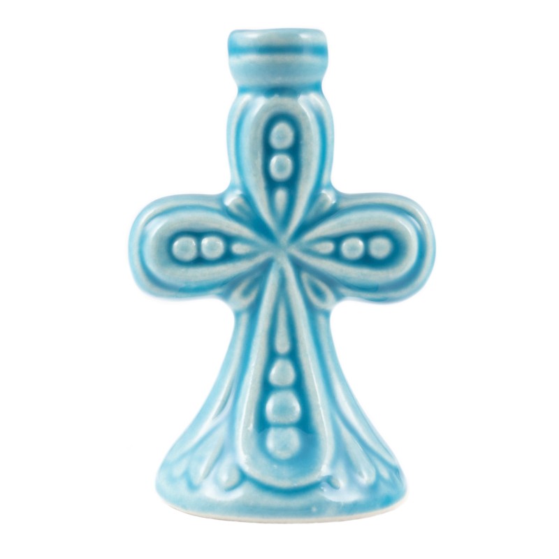 Ceramic Candle holder "Large cross" light blue