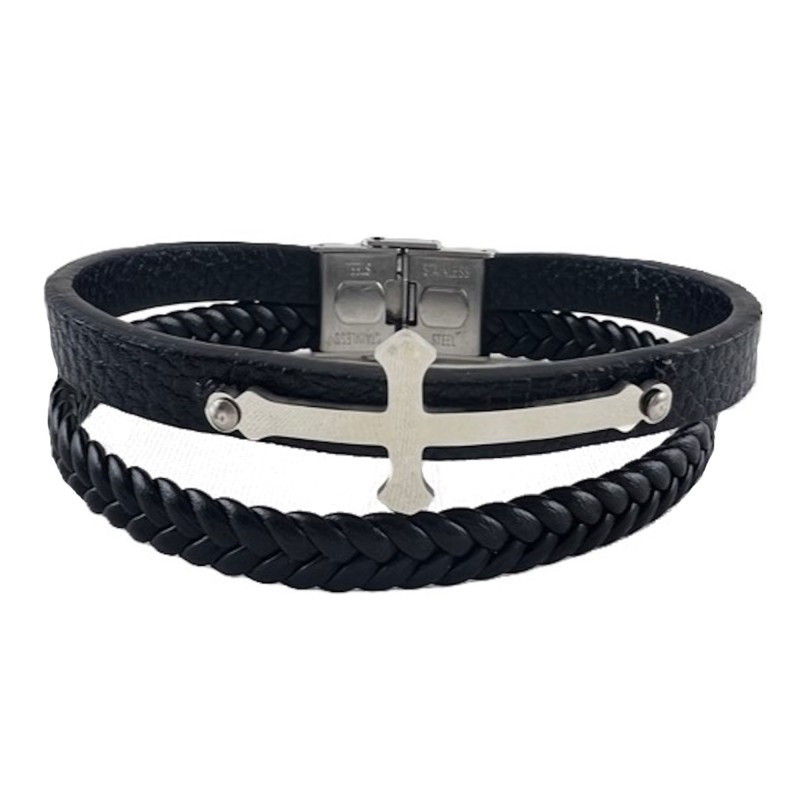 Браслет кожаный, двойной, металлический крест