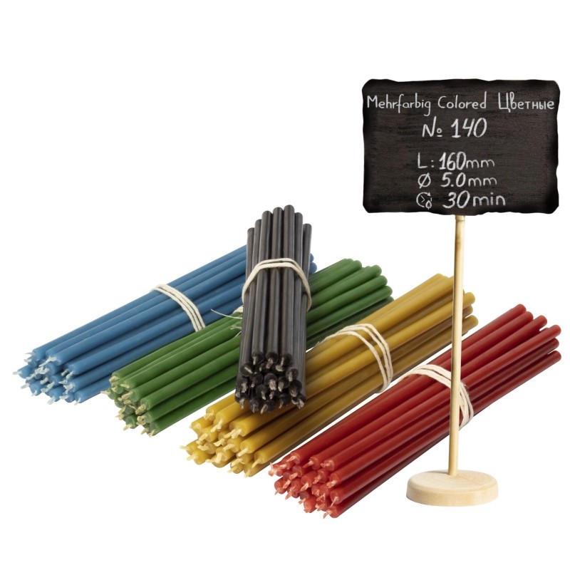 100 pcs Coloured bundle of beeswax candles 5 colours N140: yellow, green, red, blue, black