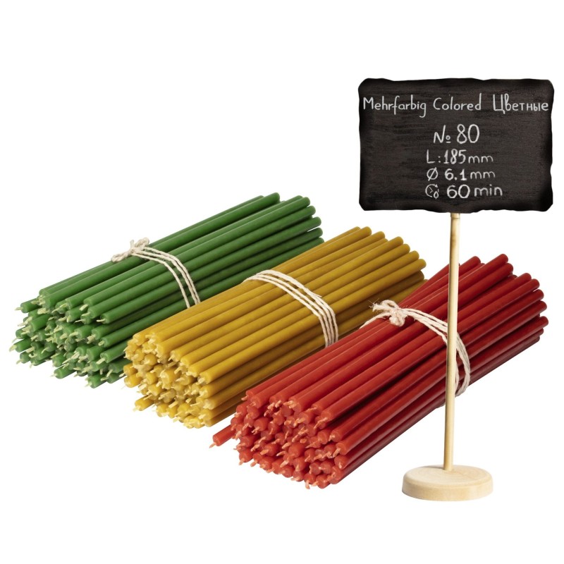 150 pcs Coloured bundle of beeswax candles 3 colours N80: yellow, green, red