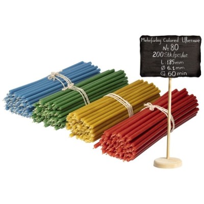 200 pcs Coloured bundle of beeswax candles 4 colours N80: yellow, green, red, blue