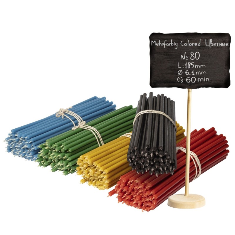 250 pcs Coloured bundle of beeswax candles 5 colours N80: yellow, green, red, blue, black