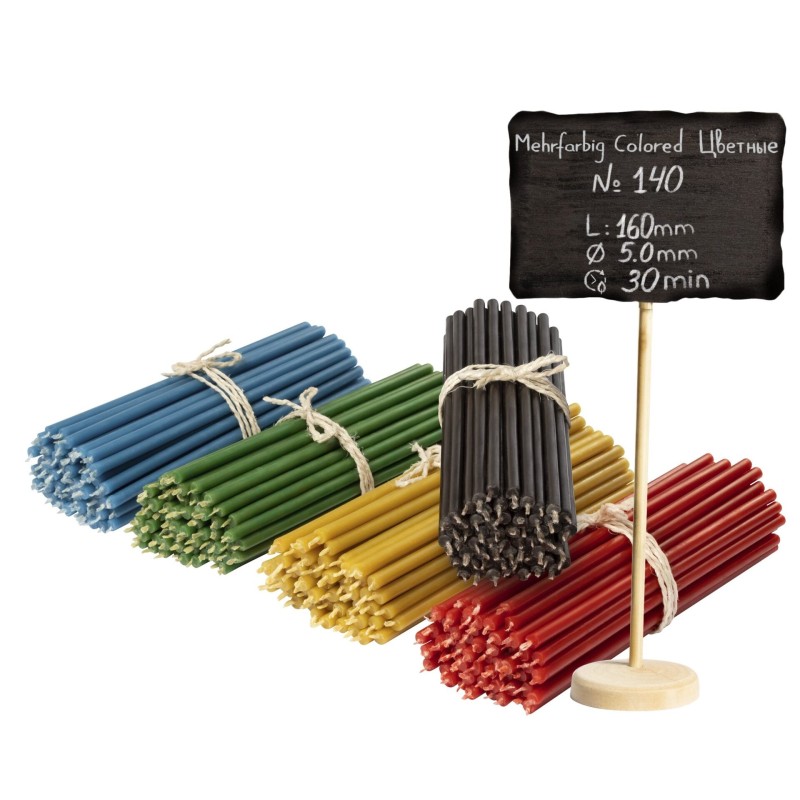 250 pcs Coloured bundle of beeswax candles 5 colours N140: yellow, green, red, blue, black